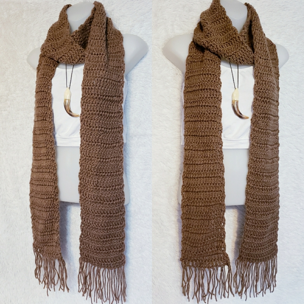 72"+  X Long Oversized Brown Crochet Scarf - Picture 3 of 10